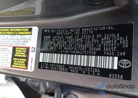2019 Toyota Camry Se from USA, damaged, VIN 4T1B11HK8KU757558